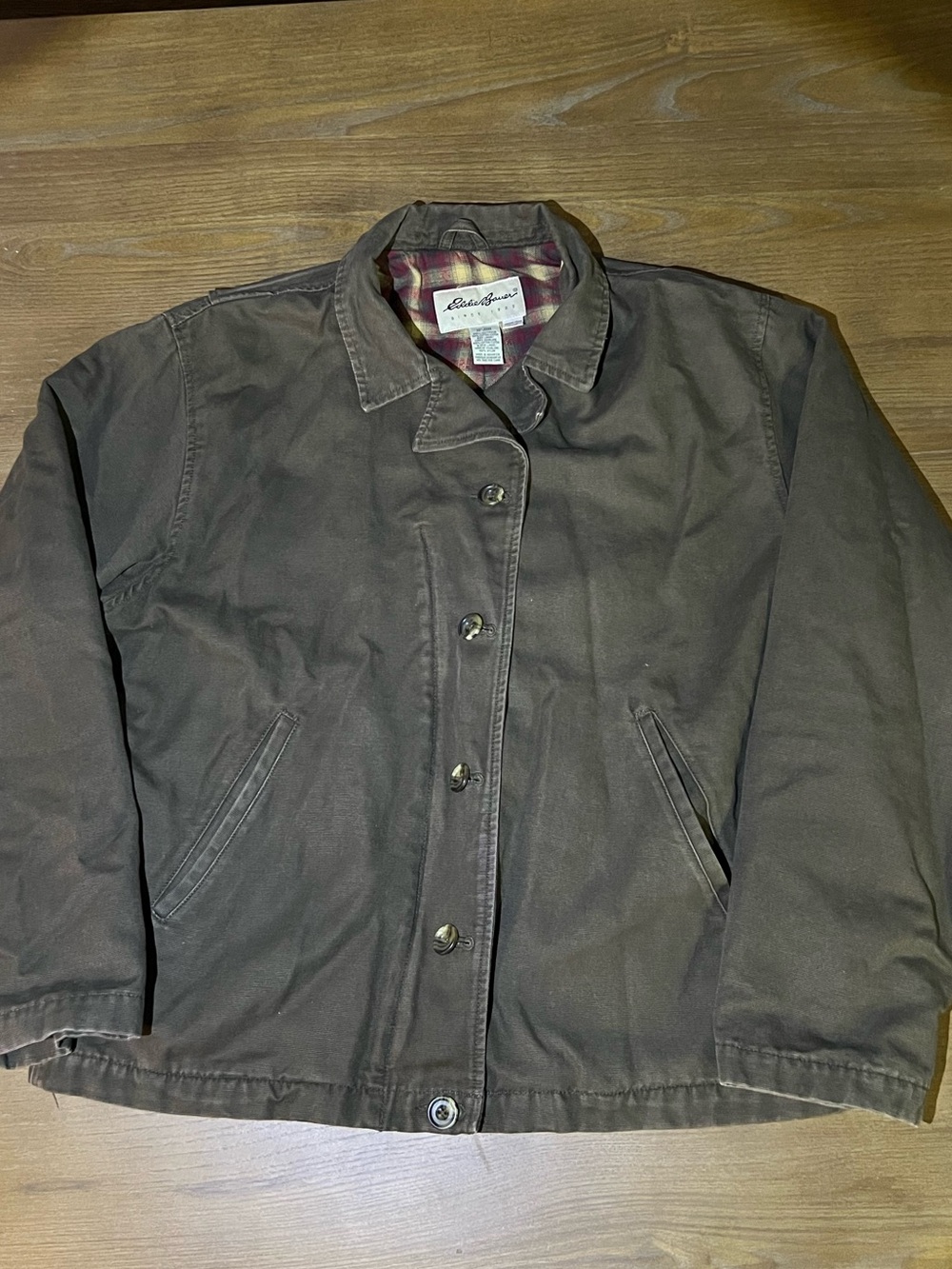 Vintage Eddie Bauer Barn Coat Flannel Lined Canvas Chore Jacket Brown Utility L